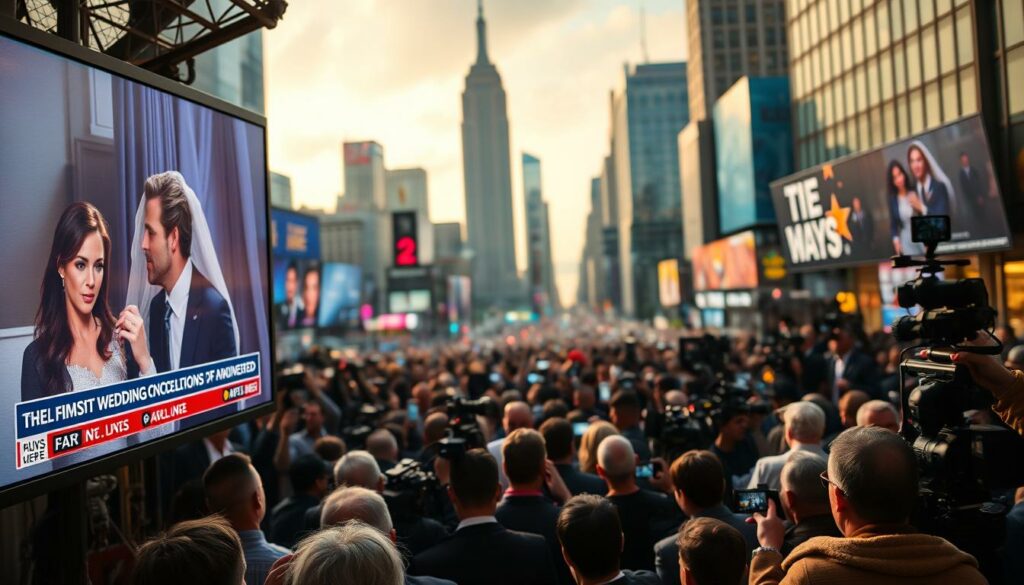 A bustling media landscape with news headlines, social media posts, and celebrity commentary swirling around a high-profile wedding cancellation announcement. In the foreground, a large digital screen displays the breaking news, casting a soft glow over the scene. In the middle ground, reporters and paparazzi crowd around, capturing the moment with cameras and microphones. In the background, a blurred cityscape sets the stage, with towering skyscrapers and a vibrant urban atmosphere. The lighting is a mix of warm, natural tones and cool, artificial hues, creating a dynamic and engaging atmosphere. The overall mood conveys the intense public interest and media frenzy surrounding the unexpected turn of events.