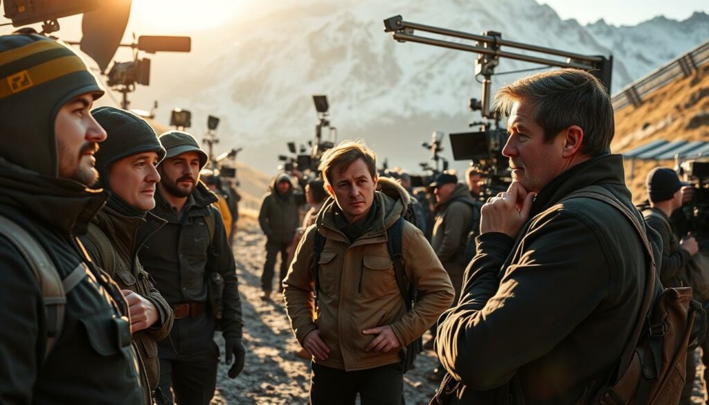 A bustling mountain film set, with a crew of rugged, hardworking individuals capturing the dramatic backdrop of the Bavarian Alps. In the foreground, actors in hiking gear stand ready, their expressions focused as they prepare for their roles. Mid-frame, a director reviews the scene, hand on chin, contemplating the next shot. In the background, a maze of lighting rigs, cameras, and equipment lends an air of technical complexity to the production. Warm, golden sunlight filters through the scene, casting a natural glow over the entire tableau. The mood is one of determined professionalism, as the team works tirelessly to bring the next thrilling season of "Die Bergretter" to life.