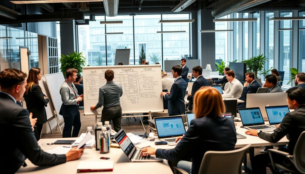 A bustling office setting, with professionals in business attire engaged in project management activities. The foreground features a group of employees clustered around a whiteboard, discussing project timelines and milestones. In the middle ground, individuals are seated at desks, intently focused on their laptop screens, collaborating on project documents. The background showcases a modern, well-lit workspace with sleek furniture and large windows, creating a sense of openness and productivity. The overall atmosphere conveys a dynamic, goal-oriented environment where career progression in project management is clearly visible.