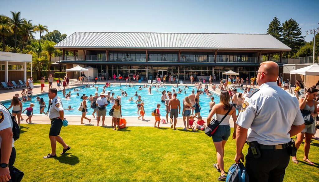 A bustling outdoor swimming pool complex on a sunny summer day. In the foreground, uniformed security personnel diligently checking the bags and belongings of patrons as they enter the facility. In the middle ground, a diverse crowd of families, children, and adults enjoying the cool waters and relaxing on the surrounding grassy areas. The background features the architectural details of the pool house, with its retractable roof and modern design elements. Warm, golden sunlight illuminates the scene, creating a sense of safety and community. The overall atmosphere conveys a well-organized, secure, and family-friendly environment for all to enjoy.