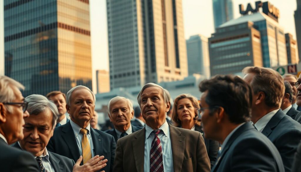 A bustling scene of political and economic reactions, captured in a high-resolution photograph. In the foreground, a diverse group of politicians, business leaders, and analysts engaged in lively discussion, their expressions ranging from contemplative to impassioned. The middle ground features a backdrop of modern office buildings, with sleek glass facades and towering corporate logos, symbolizing the interconnectedness of politics and the economy. Subtle lighting casts a warm, authoritative glow, emphasizing the gravity of the moment. The overall atmosphere conveys a sense of dynamism and collaboration, as the key players navigate the complexities of the nation's strategic direction.