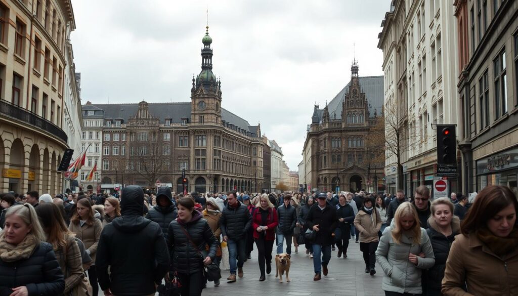 A bustling street in the heart of Köln, Germany, on a gloomy autumn day. The sidewalks are crowded with hurried pedestrians, their faces etched with a mix of concern and indifference. In the distance, a lone figure walks a dog, oblivious to the sense of unease that permeates the air. The buildings, once grand and stately, now seem to sag under the weight of the city's troubles. Overhead, a leaden sky threatens rain, mirroring the somber mood that has settled upon the community. The scene conveys a palpable tension, a reflection of the current challenges facing the nation.
