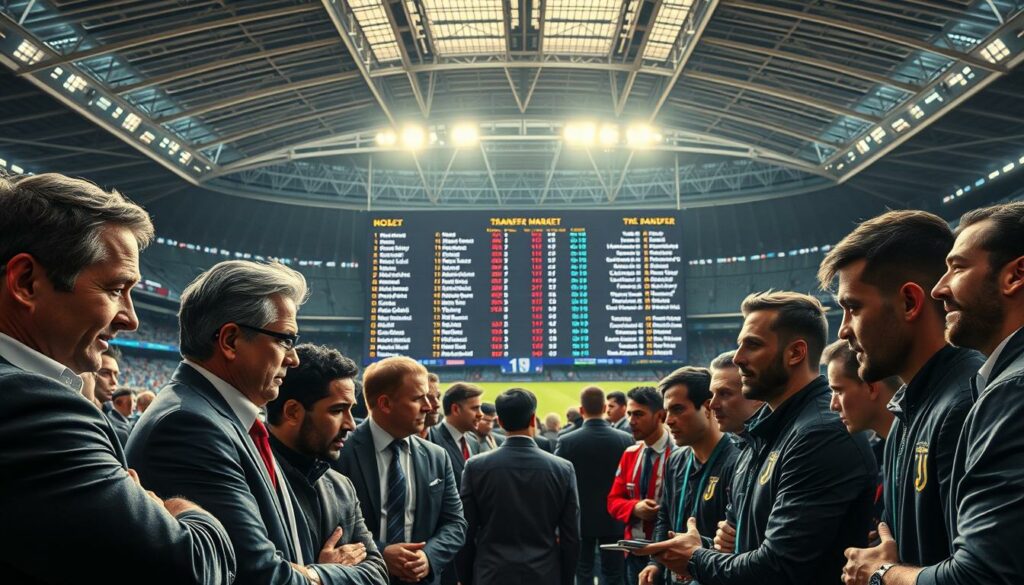 A bustling summer transfer market in 2025, capturing the excitement and anticipation of the footballing world. In the foreground, a group of sports agents, club representatives, and players engaged in intense negotiations, their expressions a mix of tension and determination. The middle ground features a digital display board showcasing the latest transfer news and rumors, with names and figures flickering across the screen. In the background, a sleek, modern stadium backdrop sets the scene, its grand architecture and bright lighting creating an atmosphere of high-stakes transactions. Soft, natural lighting illuminates the scene, casting subtle shadows and highlighting the energy and dynamism of the moment. The overall mood is one of excitement, change, and the relentless pursuit of talent in the ever-evolving landscape of professional football.