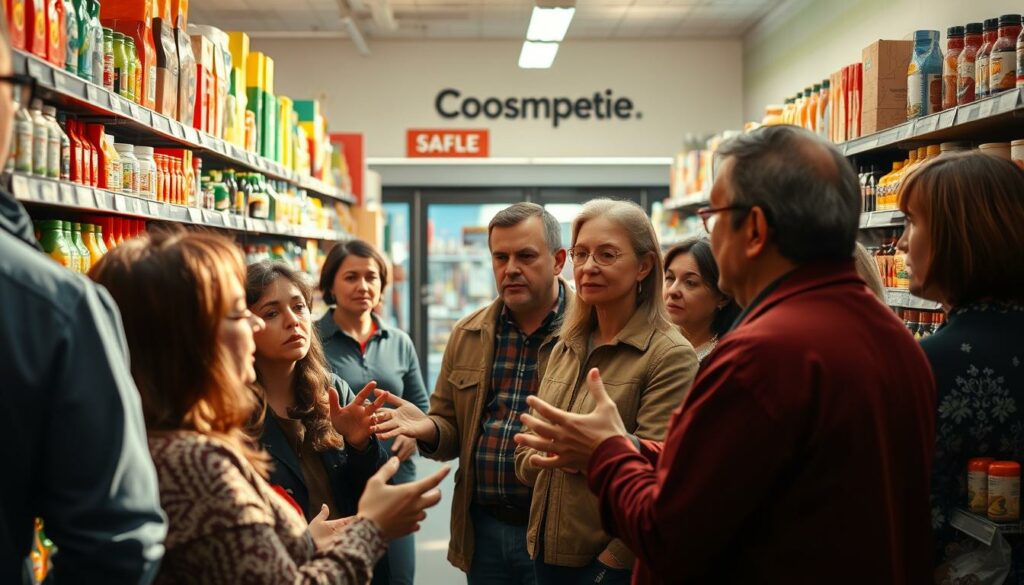 A bustling supermarket aisle, with shelves stocked with an array of food products. In the foreground, a group of concerned citizens and consumer advocates engaged in lively discussion, gesturing animatedly. The lighting is warm and natural, casting soft shadows that convey a sense of earnestness and purpose. The middle ground features the store's manager, looking on with a contemplative expression, as if weighing the concerns raised. In the background, the store's facade is visible, its signage and branding creating a sense of context. The overall atmosphere is one of thoughtful dialogue, with the consumer advocates and store representatives collaborating to find solutions that balance the needs of shoppers and the business.