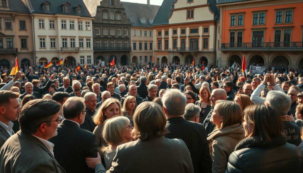 A bustling town square in a German state, with state officials and citizens gathered, engaged in heated debate. In the foreground, a group of state representatives stand together, their body language conveying a sense of defiance and protest. In the middle ground, a large group of citizens gesticulate and argue passionately, their expressions reflecting the intensity of the discussion. In the background, the façades of historic government buildings loom, lending an air of authority and tradition to the scene. Warm, natural lighting bathes the entire tableau, creating a sense of drama and urgency. The composition is dynamic, with figures in motion, capturing the essence of a state-level revolt against a perceived unfair decision.
