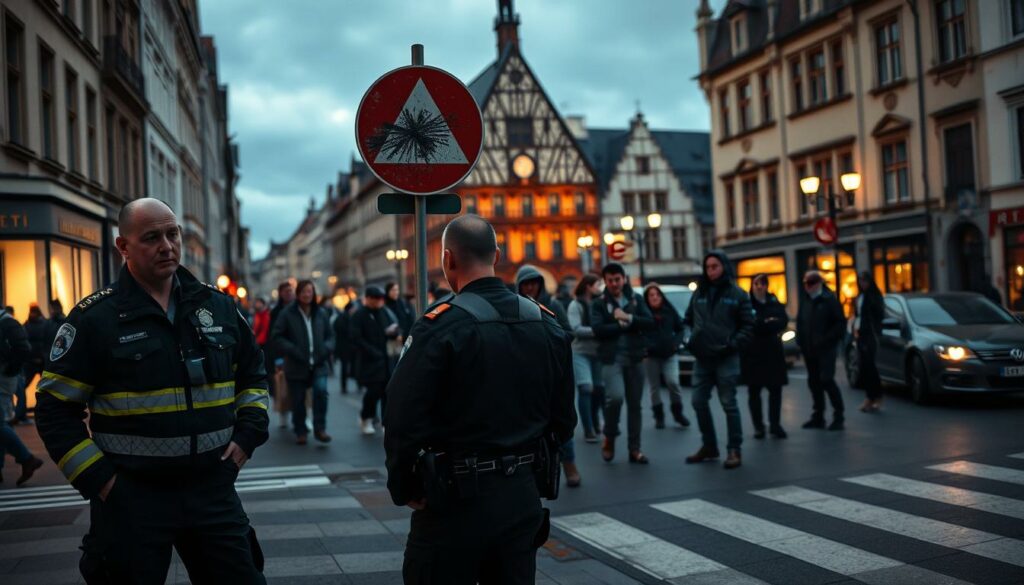 A bustling urban street in Ulm, Germany, with police officers and members of the Staatsschutz (state security) investigating a scene. In the foreground, two officers in uniform examine a vandalized traffic sign, their expressions serious as they gather evidence. In the middle ground, a group of bystanders watch intently, their body language suggesting tension and curiosity. In the background, the distinctive architecture of Ulm's historic city center provides a moody, atmospheric setting, illuminated by the warm glow of streetlights and natural daylight filtering through overcast skies. The overall mood is one of diligent investigation and civic concern, reflecting the Staatsschutz and municipal authorities' response to the reported actions of climate activists.
