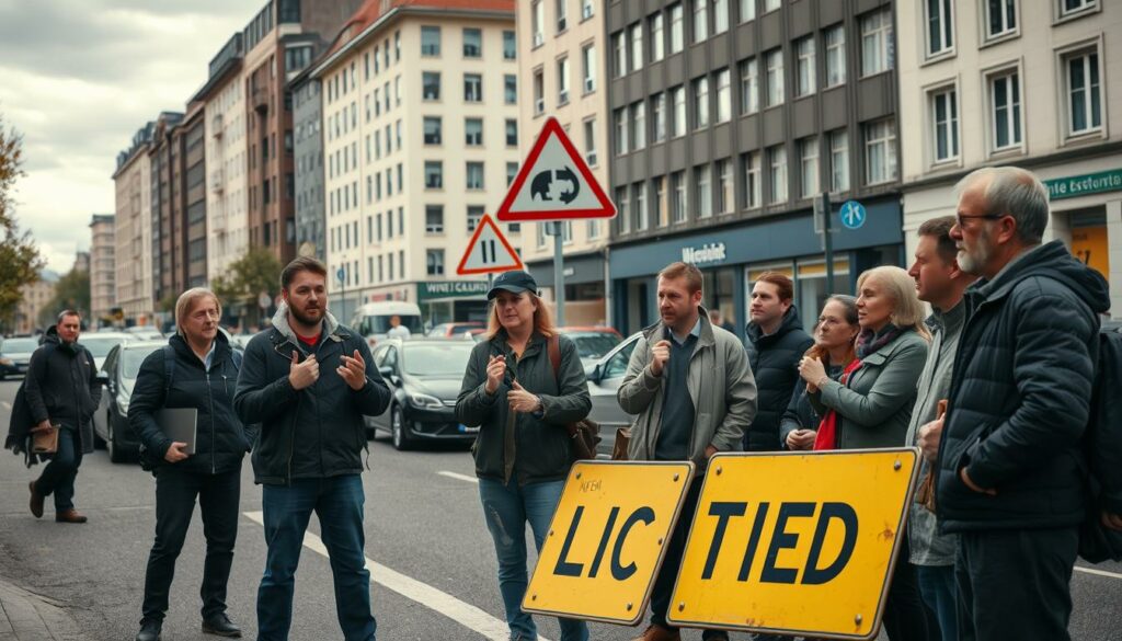 A busy city street in Ulm, Germany, on a cloudy day. In the foreground, a group of climate activists dressed in casual attire stand defiantly, gesturing and speaking passionately. Their faces reflect a mix of determination and conviction. In the middle ground, a few traffic signs have been removed, creating a sense of disruption. The background depicts the urban landscape, with tall buildings, parked cars, and pedestrians going about their day, creating a contrast between the activists' actions and the everyday flow of the city. The lighting is natural, with soft shadows and muted tones, evoking a sense of seriousness and purpose. The camera angle is slightly elevated, giving a sense of observing the scene from a distance.