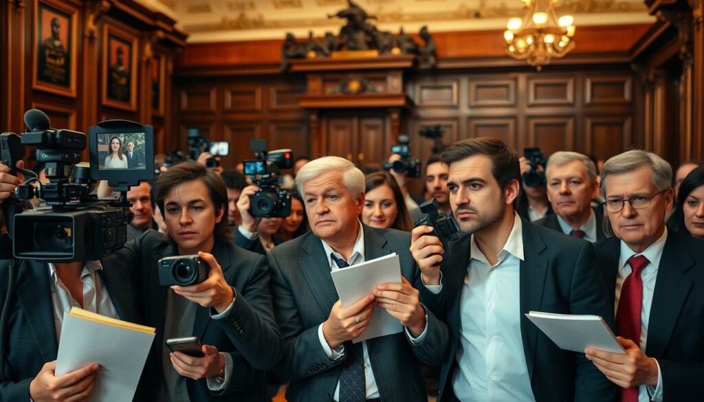 A busy courtroom scene, the focus on a group of journalists and media representatives, their cameras and notepads at the ready, capturing the dramatic proceedings. The room is bathed in warm, natural lighting, highlighting the intensity of the moment. The backdrop features the ornate architecture and furnishings typical of a formal legal setting, underscoring the gravity of the situation. The journalists' expressions convey a sense of eager anticipation, their body language suggesting the heightened attention and scrutiny of the public eye. The overall atmosphere is one of heightened tension and media scrutiny, reflecting the significance and public interest in the case at hand.