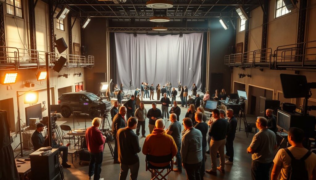 A busy film studio lot, with a towering sound stage in the background, surrounded by various production equipment and crew members hard at work. In the foreground, a group of people gathered around a director's chair, deep in discussion about an upcoming project. The lighting is a mix of natural daylight filtering through the open studio space and the warm glow of artificial lighting, creating a dynamic and cinematic atmosphere. The camera angle is slightly elevated, giving a bird's-eye view of the bustling activity, capturing the energy and excitement of the film and television industry.