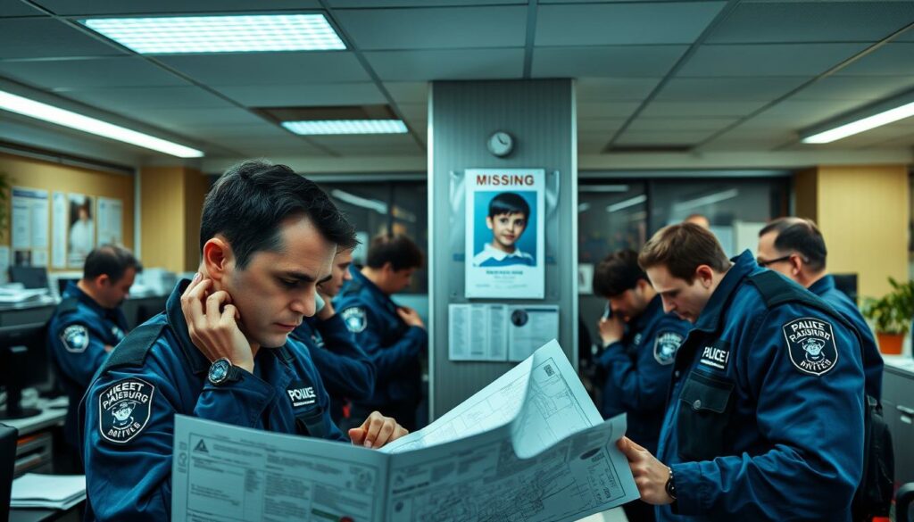 A busy police station in Hamburg, Germany, with officers in crisp blue uniforms gathered around a bulletin board displaying a missing person's photograph. The fluorescent lighting casts a sterile glow, adding a sense of urgency to the scene. In the foreground, a detective examines a map, brow furrowed in concentration, while colleagues make phone calls and review case files. The background is a blend of computer screens, filing cabinets, and the occasional potted plant, conveying the administrative hustle of an active investigation. The mood is one of determination and a resolute pursuit of justice, as the Polizei Hamburg works tirelessly to uncover clues and locate the missing child.