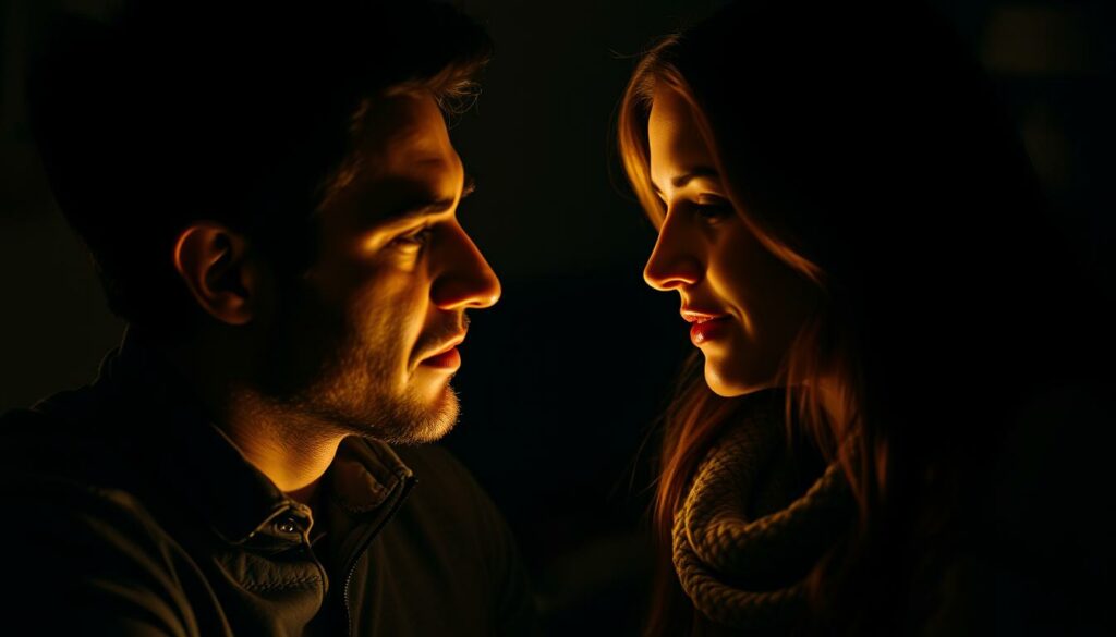 A candid behind-the-scenes moment between engaged couple Pietro Lombardi and Laura Maria Rypa. The image captures them in a quiet, intimate setting, their faces illuminated by soft, flattering lighting that casts gentle shadows, creating a warm, cozy atmosphere. They are engrossed in a private conversation, their body language conveying a sense of mutual support and understanding. The scene is framed tightly, drawing the viewer's attention to the couple's emotional connection. The background is slightly blurred, keeping the focus on the two individuals and their interaction. An image that conveys the supportive, collaborative nature of their relationship.