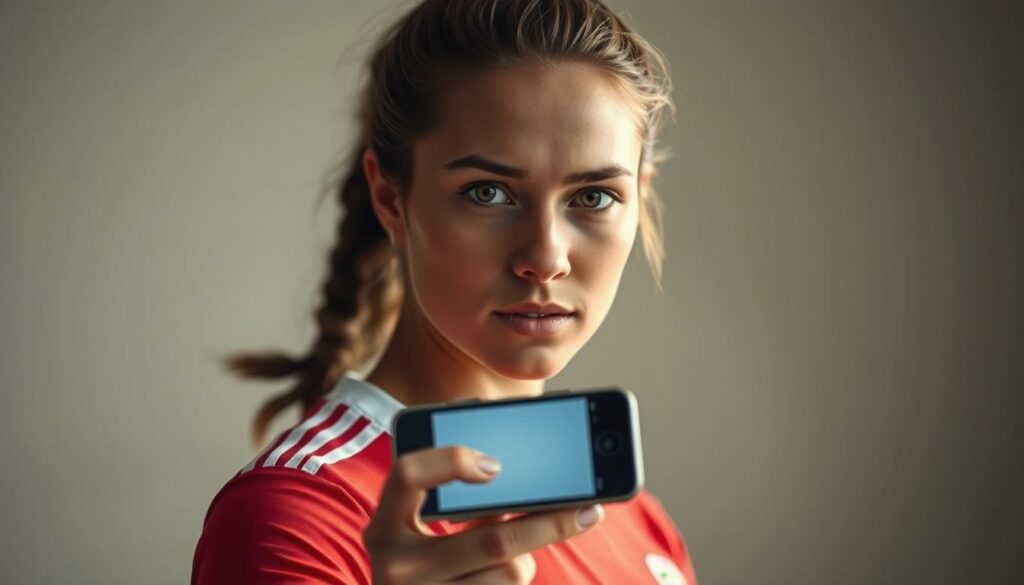 A captivating portrait of Alisha Lehmann, the rising star of women's football, balancing her passion for the sport with her growing influence on social media. Set against a softly blurred background, Lehmann is depicted in the foreground, dressed in her team's jersey, her eyes radiating a determined focus. Subtle lighting highlights the contours of her face, conveying a sense of strength and poise. In the middle ground, a smartphone is held in her hand, symbolizing the dual nature of her life - the dedication to her craft and the demands of her digital presence. The overall composition evokes a harmonious blend of Lehmann's athletic prowess and her social media savvy, creating a captivating portrait of a modern-day sports icon.