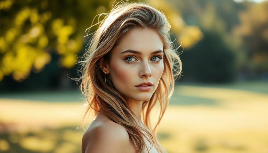 A captivating portrait of Lila Grace Moss, the rising model following in the footsteps of her iconic mother Kate Moss. Lila stands confidently in a serene outdoor setting, her youthful features framed by soft, natural lighting and a gentle, warm-toned color palette. Her expression exudes a sense of poise and determination, hinting at the budding talent and ambition that drive her modelkarriere. The background is subtly blurred, keeping the focus on Lila's alluring presence. The overall scene conveys a sense of quiet confidence and the promising future that lies ahead for this young model, poised to make her mark in the industry.