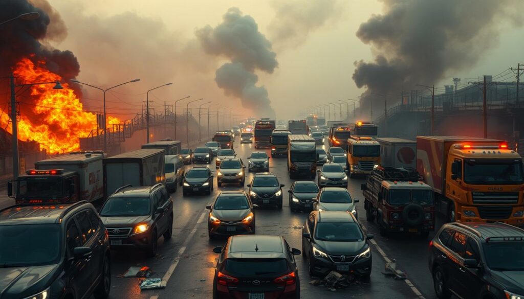 A chaotic scene of a major traffic jam in the aftermath of a large-scale fire, with thick plumes of smoke billowing into the sky and emergency vehicles frantically navigating the gridlocked streets. Cars and trucks are bumper-to-bumper, their drivers anxiously trying to escape the chaos. Debris and abandoned vehicles litter the roads, while onlookers watch the scene unfold with a sense of concern. The mood is tense and overwhelming, capturing the disruptive impact this incident has had on the local community. Captured through a cinematic, wide-angle lens with dramatic lighting and moody atmospheric effects to heighten the sense of drama and urgency.