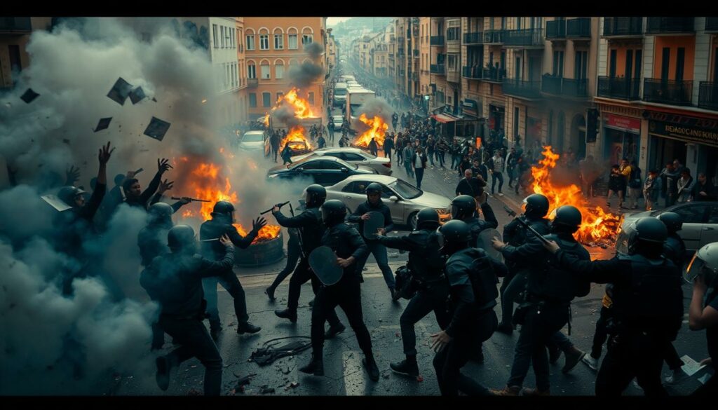 A chaotic scene of escalating street battles unfolds in the heart of a Spanish city. In the foreground, protesters clash violently with riot police, wielding makeshift weapons and throwing projectiles. Clouds of tear gas and smoke obscure the chaos, casting an eerie, dystopian glow. In the middle ground, burning barricades and overturned vehicles create a maze of destruction, while bystanders flee in panic. The background is a blurred cityscape, its usually vibrant streets now a battlefield. The mood is one of intense, visceral unrest - a powder keg of frustration and desperation erupting into open conflict. Dramatic, high-contrast lighting and a gritty, cinéma vérité aesthetic capture the raw, uncompromising nature of the confrontation.