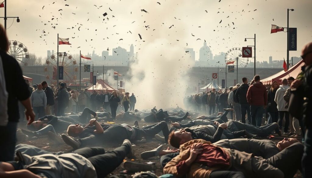 A chaotic scene of the Düsseldorfer Rheinkirmes, a lively annual fair along the Rhine River, where a sudden explosion has sent shrapnel and debris flying into the unsuspecting crowd. In the foreground, people lie injured on the ground, their faces contorted in pain as bystanders rush to their aid. Smoke billows from the site of the blast, obscuring the once-vibrant carnival rides and tents in the middle ground. The background is a hazy, blurred vision of the iconic Düsseldorf skyline, normally a picturesque sight, now shrouded in the aftermath of this tragic incident. The somber mood is heightened by the harsh, dramatic lighting, casting long shadows and creating a sense of tension and uncertainty. This scene conveys the devastating consequences of the explosion, a stark contrast to the joyful festivities the Rheinkirmes is known for.
