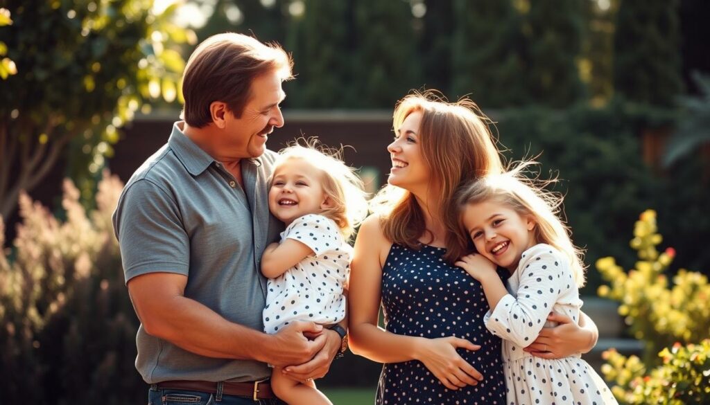 A charming family portrait of Chuck Norris, his beloved wife Gena O'Kelley, and their twin daughters Dakota and Danilee, captured in a warm, sun-dappled garden setting. Chuck and Gena gaze affectionately at each other, hands clasped, while their daughters playfully embrace them, their youthful energy and joy radiating through the frame. The scene is bathed in a soft, golden light, conveying a sense of domestic bliss and the tranquil beauty of their long-lasting love. The composition is balanced and elegant, inviting the viewer to share in the Norris family's enduring happiness.