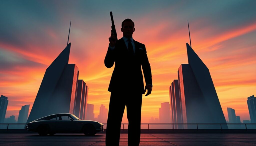 A cinematic, high-quality image of the iconic James Bond franchise, showcasing its future under Amazon's stewardship. Set in a sleek, modern environment, the composition features a towering silhouette of the famous 007 agent, his sharp silhouette striking an imposing pose against a backdrop of stylized, minimalist skyscrapers and a vibrant, twilight-hued sky. Subtle hints of the franchise's legacy, such as the iconic Aston Martin or a glimpse of a gun barrel sequence, subtly weave through the frame, creating a sense of continuity and anticipation for the franchise's evolution. The lighting is dramatic, with a blend of warm and cool tones that accentuate the sophisticated, cinematic atmosphere. The overall mood is one of excitement, mystery, and a nod to the timeless elegance that has defined the James Bond legacy.