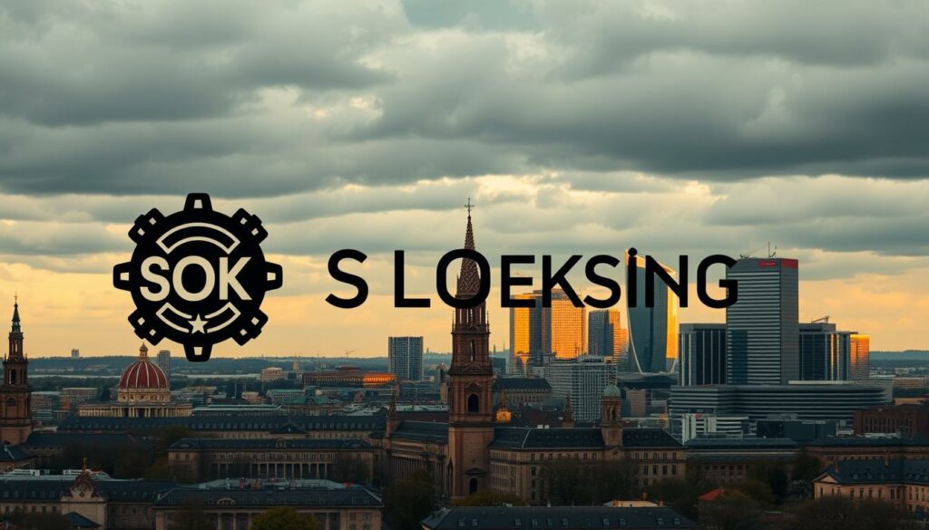 A cinematic, high-resolution image of the SOKO Leipzig logo and insignia, set against a striking backdrop of the iconic skyline of Leipzig, Germany. The logo is prominently displayed in the foreground, its bold typography and distinct design elements capturing the essence of this renowned German police procedural television series. In the middle ground, the city's historic architecture and modern skyscrapers are bathed in warm, golden lighting, conveying a sense of sophistication and civic pride. The background features a dramatic, cloudy sky, lending an air of gravitas and importance to the scene, reflecting the significance of SOKO Leipzig within the landscape of German television.