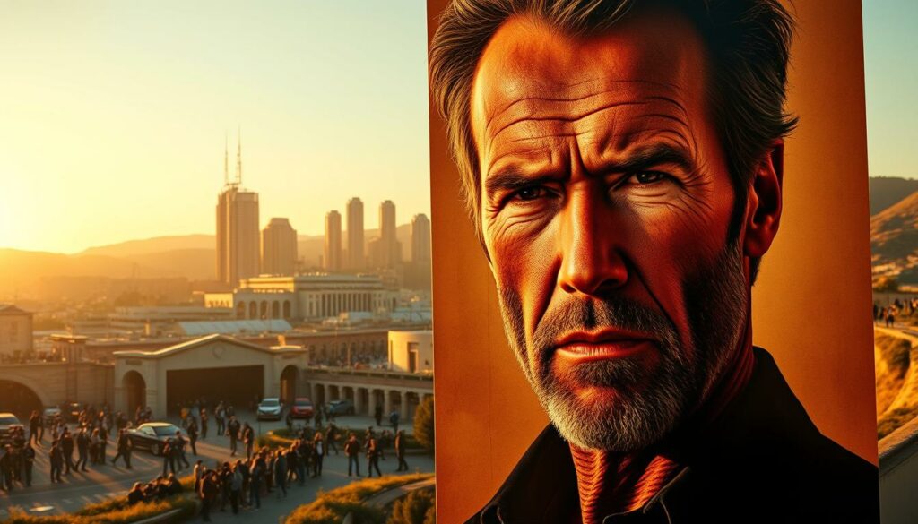 A cinematic landscape bathed in golden hour light, capturing the influence of Hollywood icons on the art of filmmaking. In the foreground, a larger-than-life movie poster featuring the chiseled visage of Clint Eastwood, his piercing gaze embodying the rugged masculinity that defined his career. In the middle ground, a bustling movie set, crews of technicians and artists collaborating to bring visions to life, their work shaping the visual language of cinema. In the background, a cityscape of towering studios and sound stages, the epicenter of an industry that has captivated audiences worldwide. The scene exudes a sense of timeless grandeur, a testament to the enduring legacy of Hollywood's most iconic figures.