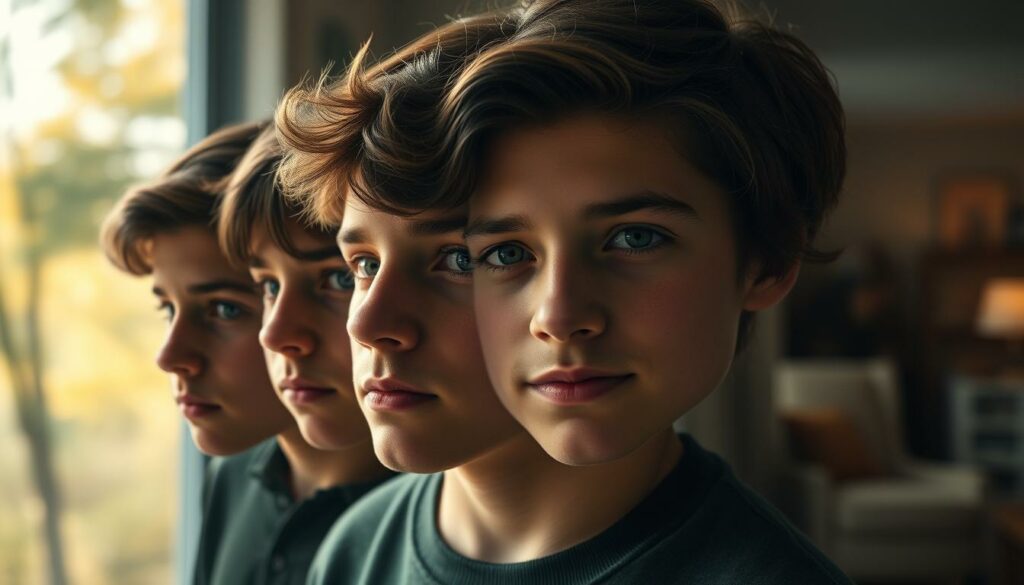 A cinematic portrait series showcasing the remarkable transformation of actor Jacob Tremblay over the years. In the foreground, a sequence of high-resolution close-up shots captures the actor's evolving facial features, from his endearing child-like innocence in his breakout role in "Wonder" to his mature, chiseled features as a young adult. The middle ground depicts Tremblay in various natural settings, such as a sun-dappled forest or a cozy living room, highlighting his growing confidence and poise. The background is rendered in soft, dreamlike tones, evoking a sense of nostalgia and the passage of time. Dramatic lighting and a depth of field that gently blurs the edges lend an air of cinematic grandeur to the scene, reflecting Tremblay's remarkable journey from a young prodigy to a versatile and accomplished actor.