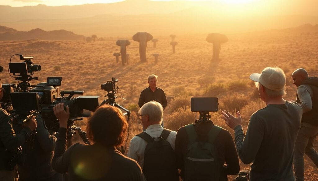 A cinematic scene of a film crew at work on location in the breathtaking landscapes of South Africa. In the foreground, camera operators and sound technicians busily capture the action, their equipment bathed in warm, golden sunlight. The middle ground features the director overseeing the shoot, gesturing animatedly as they give instructions to the actors. In the background, the rugged, sun-drenched terrain of the African savanna stretches out, dotted with iconic baobab trees and shimmering in the heat haze. The overall mood is one of focused intensity and creative energy, reflecting the unique challenges and rewards of on-location filming in this majestic setting.
