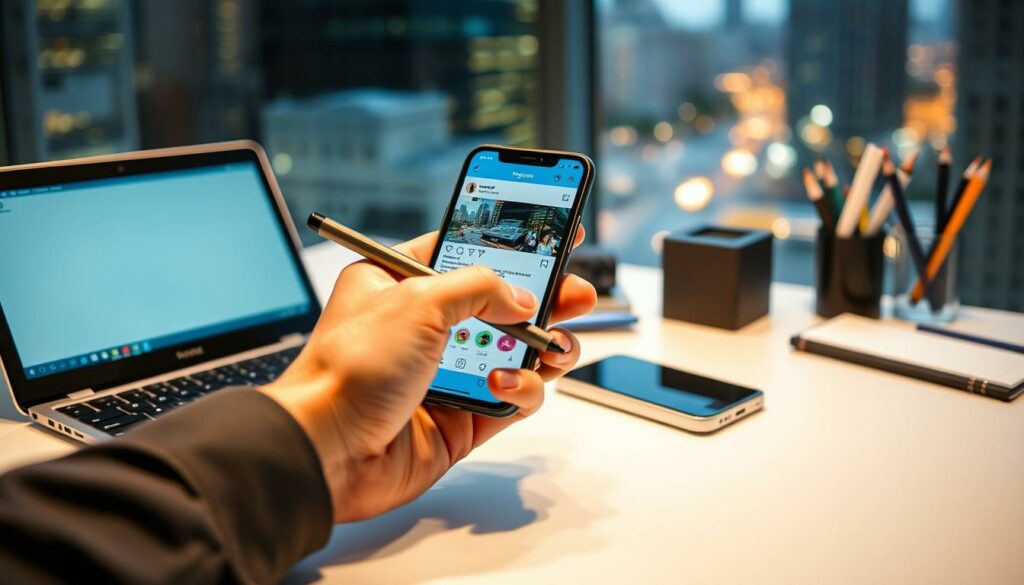 A clean, modern desk with a laptop, smartphone, and office supplies. In the foreground, a hand holds a stylus, poised to interact with the smartphone screen, which displays the Instagram app interface. The background features a blurred cityscape, conveying a sense of urban connectivity. Soft, warm lighting illuminates the scene, creating a professional, focused atmosphere. The angle emphasizes the process of submitting an objection or appeal on Instagram, highlighting the user's agency and control over their online presence.