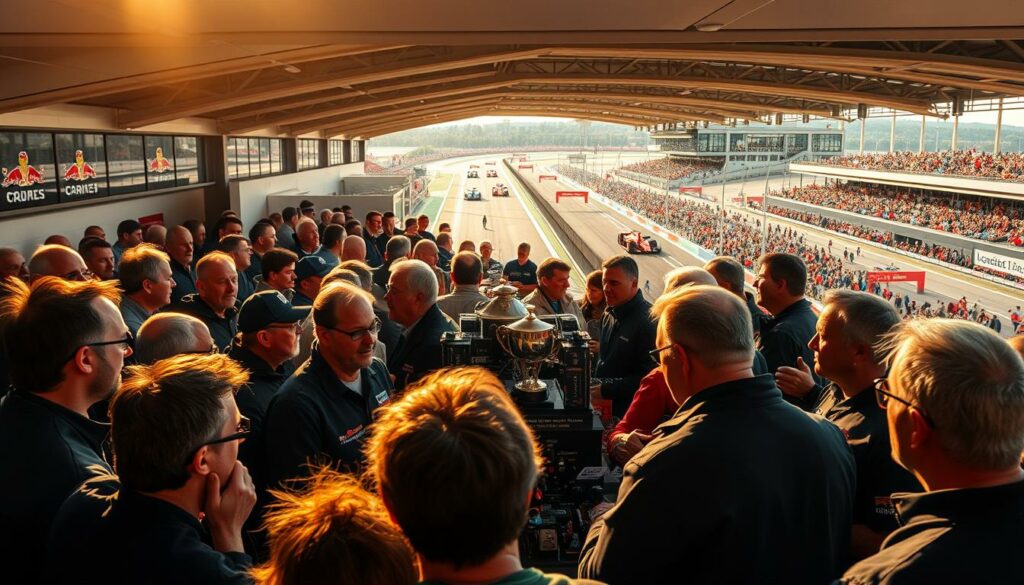 A close-knit community of motorsport enthusiasts gathered under a warm, golden light. In the foreground, a group of fans passionately engaged in discussion, their faces alight with excitement. In the middle ground, a display of racing memorabilia and trophies, a testament to the rich history and achievements of the sport. The background reveals a state-of-the-art racing circuit, the roar of engines and the cheers of the crowd creating an electric atmosphere. The scene conveys a deep sense of camaraderie, shared passion, and the profound significance of honoring the legacy of a motorsport legend like Michael Schumacher.
