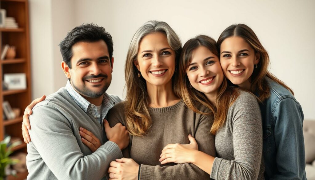 A close-knit family portrait of Claudia Mori and her loved ones, captured in a warm, intimate setting. Claudia, a radiant matriarch, stands at the center, flanked by her husband Adriano Celentano and their children, their faces beaming with joy and affection. Soft, natural lighting bathes the scene, creating a sense of tranquility and togetherness. The family is arranged in a casual, relaxed pose, their body language conveying the deep bond they share. The background is blurred, keeping the focus on the family's connection. This image exudes a sense of familial love and harmony, perfectly encapsulating the section's theme of "Liebe und Familie: Claudia Mori und die Kinder".