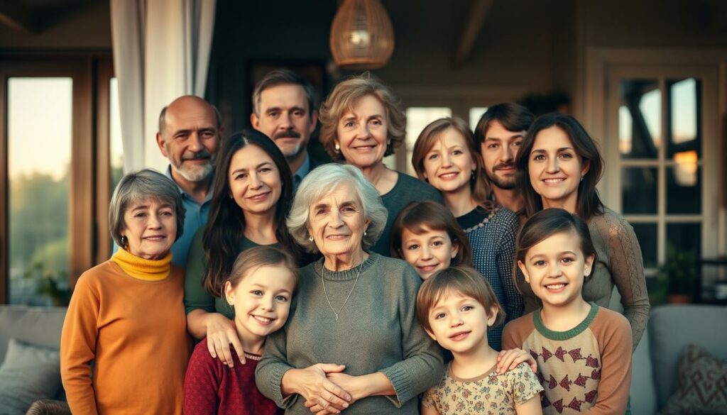 A close-knit family portrait of the Wollny clan, captured in a warm, natural setting. In the foreground, the matriarch, Silvia Wollny, stands tall and proud, surrounded by her children and grandchildren. Their expressions exude a sense of togetherness and affection, hinting at the familial bonds that define their dynamic. The middle ground features the siblings, each with their unique personalities, while the background showcases a cozy, domestic environment, perhaps a living room or a backyard, bathed in soft, golden-hour lighting. The overall atmosphere conveys a sense of intimacy, stability, and the profound, multi-generational connections that shape the Wollny family's identity.