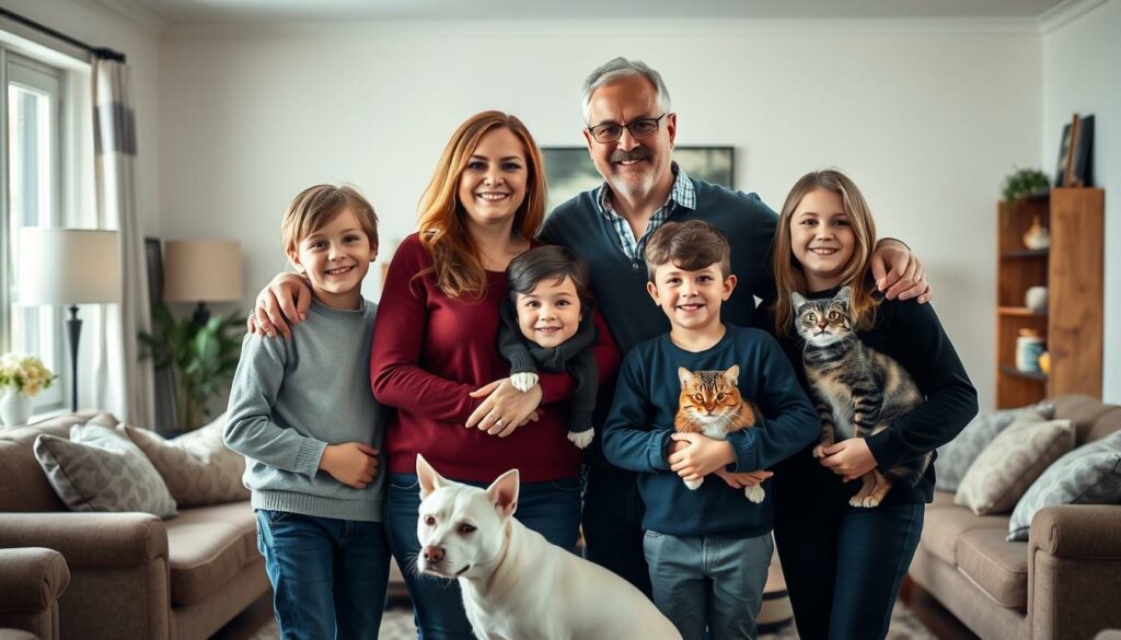 A close-knit family portrait of the renowned Ochsenknecht clan, captured in a warm, natural setting. In the foreground, the parents, Natascha and Uwe, stand proudly, their hands resting on the shoulders of their three children - Jimi Blue, Wilson Gonzalez, and Cheyenne Savannah - who surround them, their faces beaming with affection. The middle ground features the family's cherished pets, a loyal dog and a friendly cat, adding to the homely atmosphere. The background depicts a cozy, well-appointed living room, with tasteful decor and inviting furniture, hinting at the family's comfortable lifestyle. The lighting is soft and diffused, creating a sense of intimacy and togetherness, while the overall composition conveys the strong bonds and deep-rooted connections that define the Ochsenknecht family.