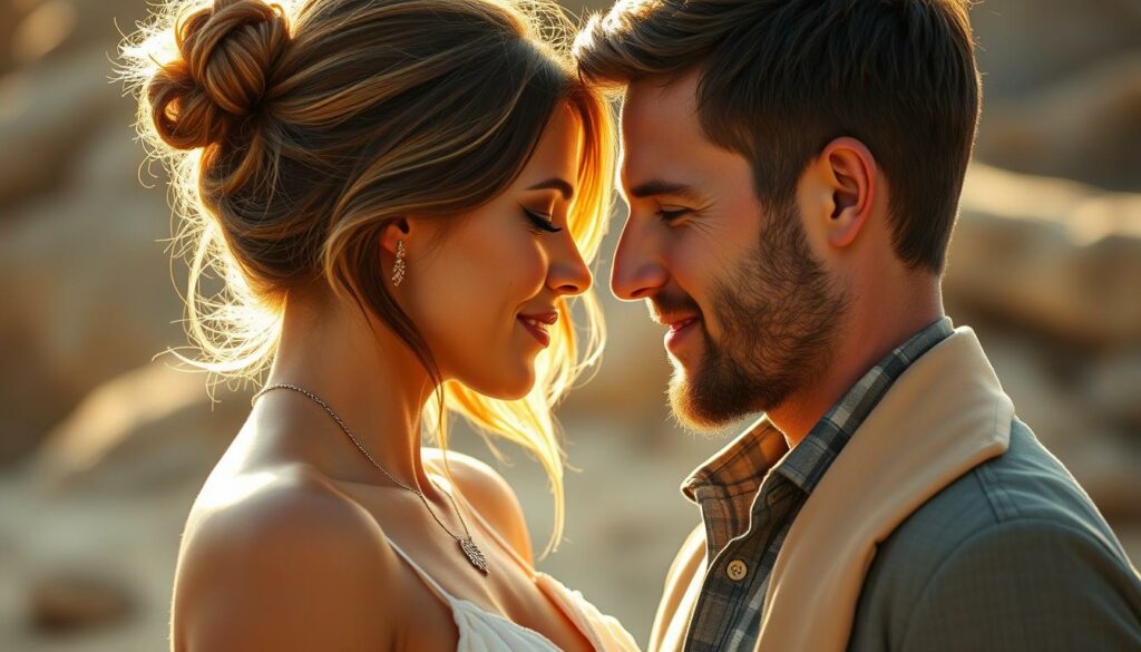 A close-up, cinematic portrait of Jessica Alba and Cash Warren standing together, gazing into each other's eyes with a palpable sense of intimacy and connection. Jessica, her sun-kissed skin and chestnut hair framing her delicate, youthful features, appears radiant and vibrant. Cash, his handsome face and warm, affectionate expression suggesting a man several years her junior, stands by her side, his body language conveying a deep, unwavering devotion. The scene is bathed in soft, golden light, creating a romantic, dreamlike atmosphere that evokes the essence of their relationship. The background is blurred, keeping the focus solely on the couple and the profound bond between them.