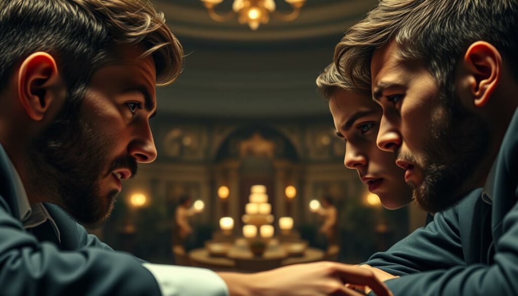 A close-up, dramatic scene of the Beckham brothers in an intense argument. The foreground features the three brothers - Brooklyn, Romeo, and Cruz - locked in a heated discussion, their faces etched with frustration and tension. The middle ground shows the family's lavish estate, hinting at the wealth and privilege that may be at the root of their dispute. The background is hazy, conveying a sense of isolation and the private nature of this family drama. The lighting is moody, with dramatic shadows and highlights emphasizing the brothers' expressions. The overall tone is one of a family torn apart by unresolved conflicts, the bonds of brotherhood strained to the breaking point.