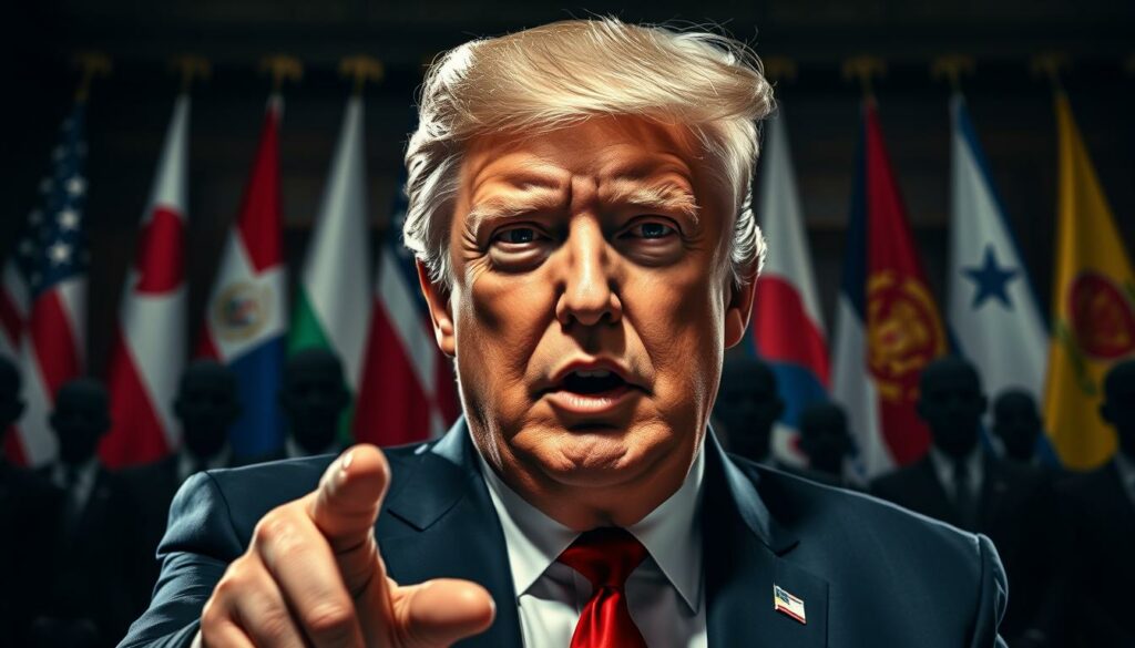 A close-up, high-contrast photograph of Donald Trump gesturing emphatically against a backdrop of world leaders, foreign flags, and shadowy figures representing geopolitical tensions. The lighting is dramatic, with deep shadows and highlights accentuating the intensity of the scene. The composition emphasizes Trump's dominant presence, conveying a sense of his forceful, unilateral approach to foreign policy. The overall mood is one of uncertainty, conflict, and the wielding of power on the global stage.