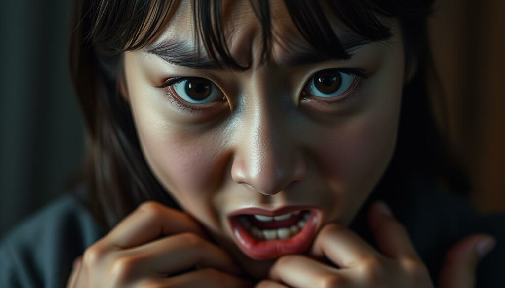 A close-up, high-resolution close-up portrait of Kobeni Higashiyama, a young woman with a delicate, fearful expression, gripped by a sudden panic attack. Her wide eyes are filled with terror, her brow furrowed, and her mouth agape as she grasps at her chest. The lighting is dramatic, with deep shadows accentuating the intensity of her emotions. The background is blurred, placing the focus entirely on her face and the raw, visceral experience she is undergoing. The image has a cinematic, high-contrast aesthetic, conveying the overwhelming nature of Kobeni's inner turmoil.