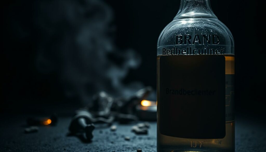 A close-up, high-resolution image of a "Brandbeschleuniger" (fire accelerant) in the foreground, with a dark, moody atmosphere. The glass container holds a clear, flammable liquid that reflects the intense lighting, casting dramatic shadows. The container's label is partially obscured, adding an ominous and ambiguous quality. In the middle ground, a subtle hint of charred debris or burned materials suggests the aftermath of a fire. The background is shrouded in deep shadows, heightening the sense of danger and mystery surrounding this incriminating piece of evidence.