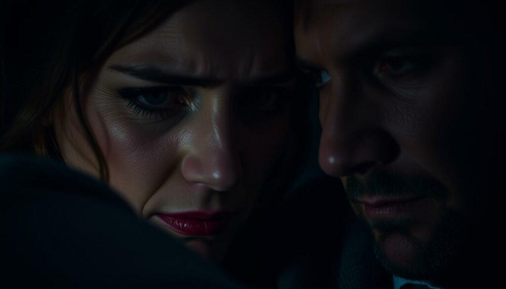 A close-up of a distressed woman's face, her eyes filled with tears, as she confesses a secret to a sombre-looking man beside her. The scene is set in a dimly lit, intimate space, with soft, moody lighting casting shadows across their features. The woman's expression conveys a sense of guilt and vulnerability, while the man's face reflects a mix of concern and disbelief. The focus is on the emotional intensity of the moment, capturing the raw tension and unspoken drama unfolding between the two individuals.