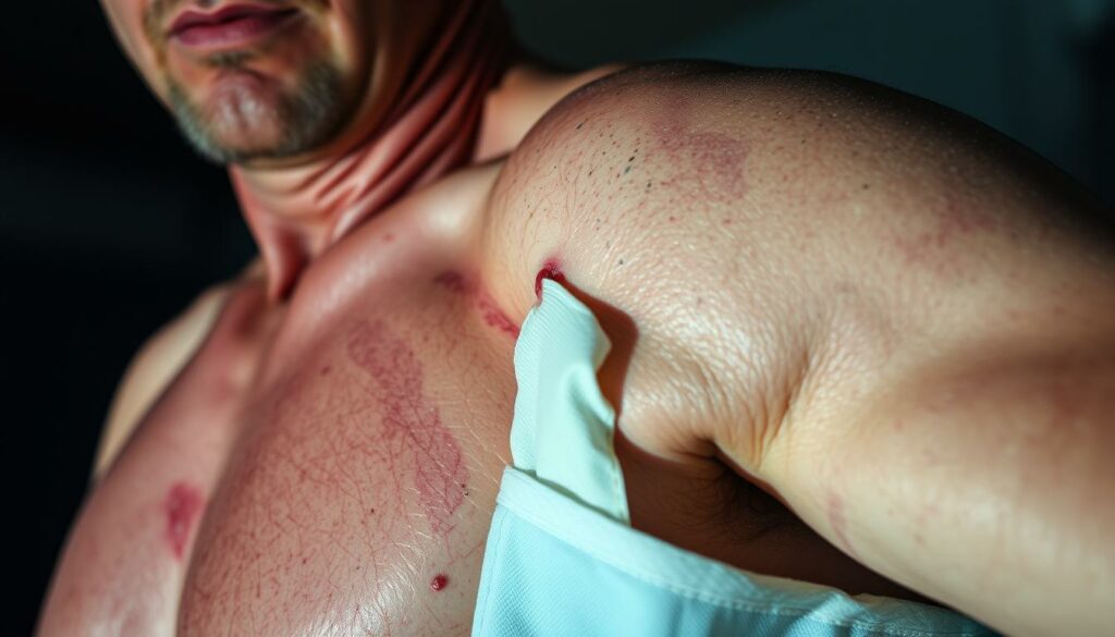 A close-up photograph of Sven Ottke's injured shoulder, shot in dramatic lighting. The skin is bruised and swollen, with visible abrasions and a bandage covering a deep gash. The underlying muscles and tendons appear strained, with a slight discoloration indicative of inflammation. The image is captured from a low angle, emphasizing the severity of the injury and Ottke's pained expression. The background is blurred, keeping the focus solely on the damaged shoulder and conveying a sense of clinical examination. The lighting casts sharp shadows, adding depth and texture to the injury, while also evoking a somber, almost clinical mood befitting the gravity of Ottke's condition.