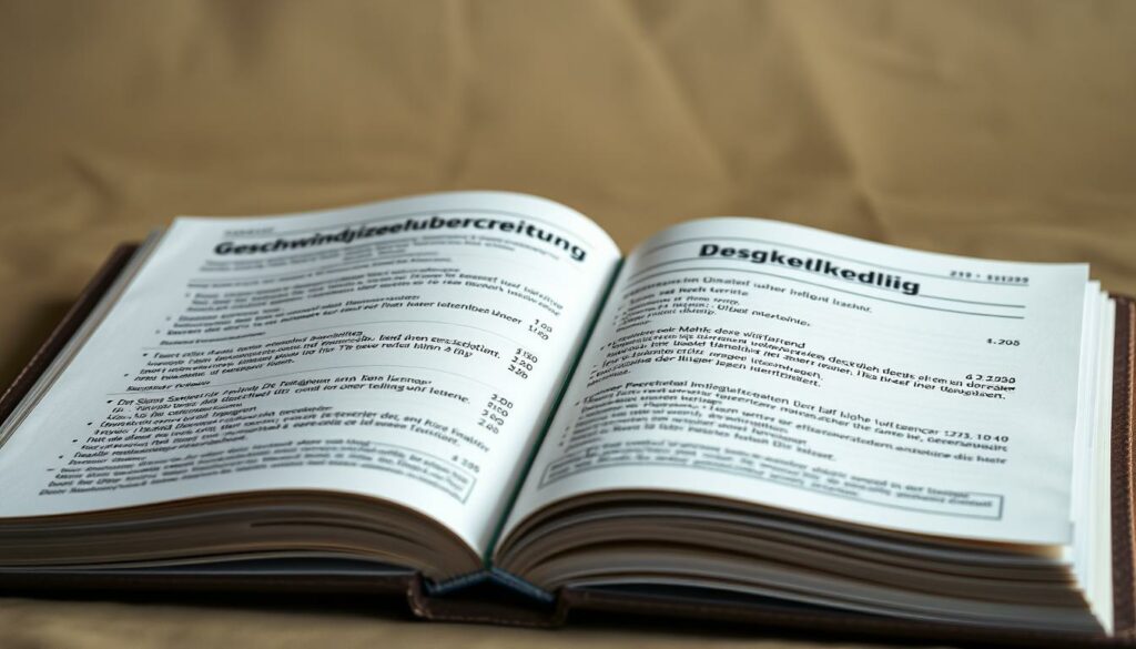 A close-up, photorealistic image of a German "Bußgeldkatalog" (penalty catalog) open to the section on "Geschwindigkeitsüberschreitung" (speeding violations). The catalog is set against a muted, elegant background, with soft, directional lighting creating depth and texture. The pages are crisp and well-worn, conveying the official, legal nature of the document. The focus is sharp on the relevant section, highlighting the detailed information on fines, license points, and other sanctions for different levels of speed infractions. The overall mood is professional, authoritative, and informative, suitable for an article discussing the consequences of speeding.