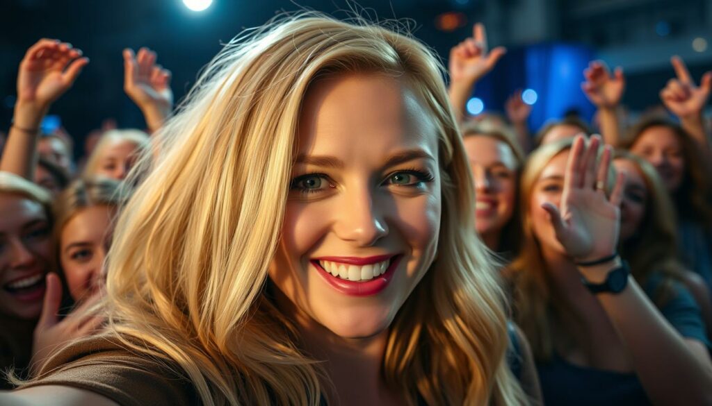 A close-up portrait of Antonia Hemmer, a popular German reality TV personality, surrounded by a crowd of adoring fans. The foreground features Antonia's radiant, joyful expression as she interacts with her supporters, her blonde hair framing her face. In the middle ground, the fans are captured in a state of excitement, their hands raised and faces lit up with wide smiles, conveying a sense of genuine appreciation and delight. The background is slightly blurred, emphasizing the intimate connection between Antonia and her admirers. The lighting is soft and flattering, creating a warm, celebratory atmosphere. The overall scene evokes a feeling of connection, happiness, and a deep appreciation for Antonia's relatable and likable persona.