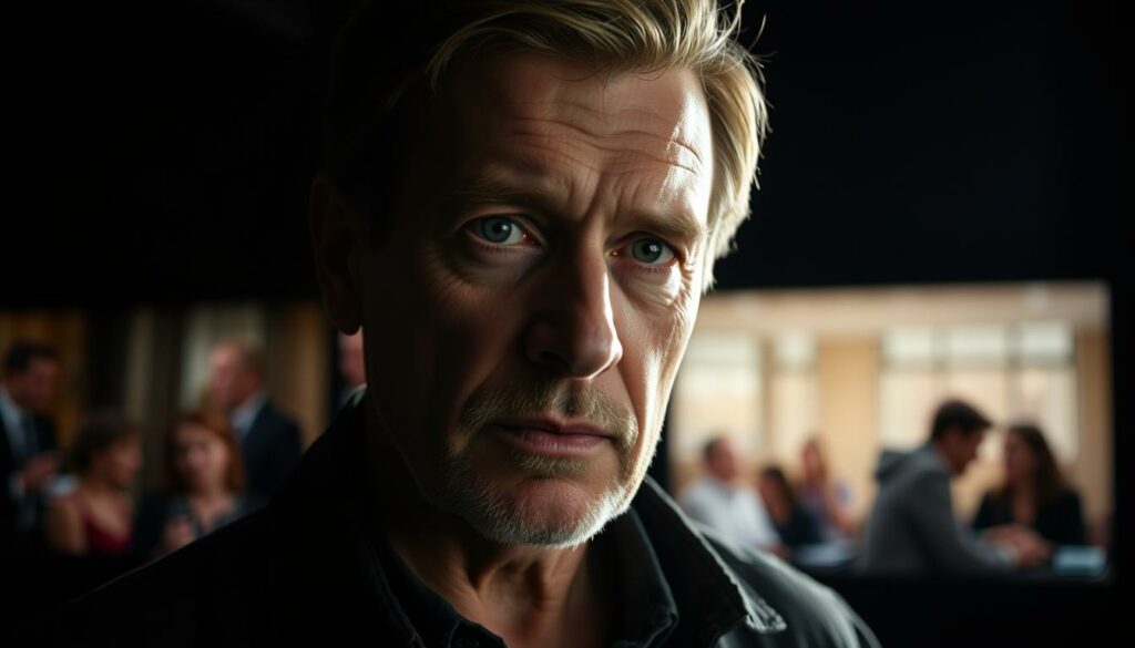 A close-up portrait of Berlin actor Martin Seifert, showcasing his versatile film career. Seifert stands in a dimly lit studio, his face illuminated by dramatic sidelighting, creating a moody, cinematic atmosphere. In the background, blurred images of scenes from his most renowned roles in TV shows like "Bibi & Tina" and "Babylon Berlin" provide context to his on-screen legacy. The lighting and composition convey a sense of introspection and gravitas, reflecting the weight of his accomplished career. The focus is sharp on Seifert's expressive features, capturing the depth and nuance of his craft as a skilled, celebrated actor.