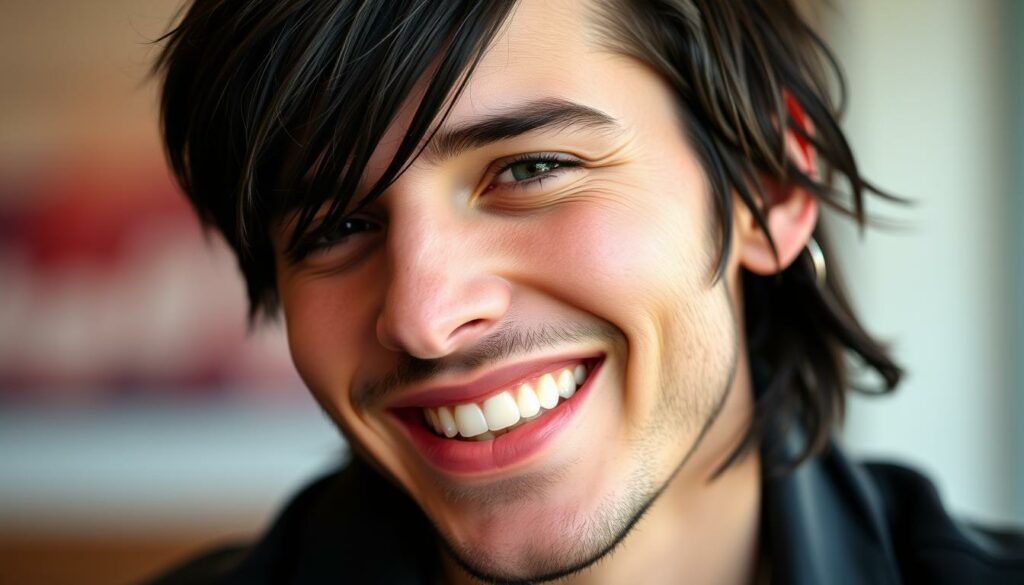 A close-up portrait of Bill Kaulitz, the lead singer of the German band Tokio Hotel, smiling warmly and radiating a youthful, vibrant energy. His distinctive dark hair and striking features are captured in a soft, diffused lighting that enhances his natural beauty. The background is blurred, placing the focus entirely on Kaulitz's face and conveying a sense of intimacy and personal connection. The image exudes a playful, romantic mood that aligns with the article's subject of Kaulitz dating a younger partner, hinting at the new chapter in his life.