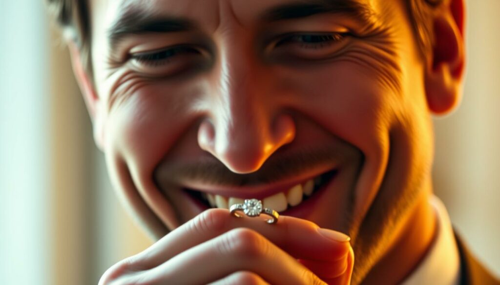 A close-up portrait of Bradley Cooper, his face beaming with joy and anticipation, as he carefully examines an exquisite diamond engagement ring held delicately between his fingers. The lighting is soft and warm, creating a dreamlike, intimate atmosphere. The background is blurred, keeping the focus solely on Cooper's expressive features and the symbolic ring. The composition is tight, drawing the viewer's attention to the subtle details and emotions conveyed through Cooper's expression. The image evokes a sense of unbridled happiness and the excitement of a monumental life event on the horizon.