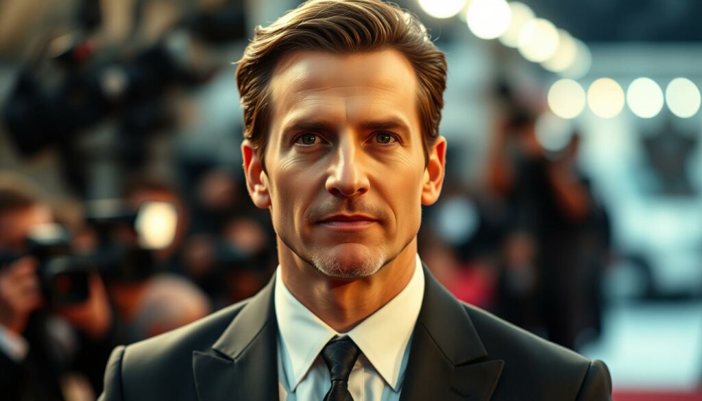 A close-up portrait of Bradley Cooper on a red carpet, dressed in a sharp, tailored suit, his gaze direct and confident. The lighting is soft and flattering, creating a warm, cinematic atmosphere. In the middle ground, a blurred backdrop of cameras and flashing bulbs, suggesting a high-profile movie premiere or awards show. The background is slightly out of focus, keeping the attention on Cooper's face and upper body. The overall impression is one of a successful, leading man at the height of his career, ready to discuss his latest film projects.