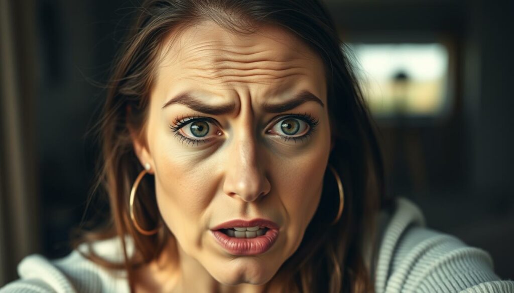A close-up portrait of Carmen Kroll, a popular German influencer, captured in a moment of emotional vulnerability. She is shown reacting to a distressing situation, her expression a mix of shock, fear, and concern. Soft, natural lighting from a nearby window bathes her face, highlighting the intensity of her emotions. The image is framed tightly, drawing the viewer's attention to the nuanced details of her facial features - furrowed brows, wide eyes, and a quivering lip. The background is intentionally blurred, keeping the focus solely on Carmen's compelling reaction, which conveys the gravity and impact of the threat she has faced.