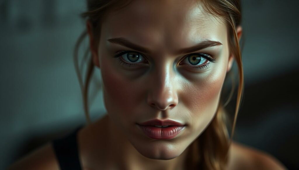 A close-up portrait of Christina Bitner, a young, fit, and attractive woman with a determined expression. The lighting is soft and flattering, creating a somber, reflective mood. The background is blurred, keeping the focus on her face. Her features are captured in vivid detail, highlighting her striking eyes, full lips, and well-defined jawline. The image conveys a sense of unfinished potential, alluding to the tragic nature of her untimely demise at the age of 41.