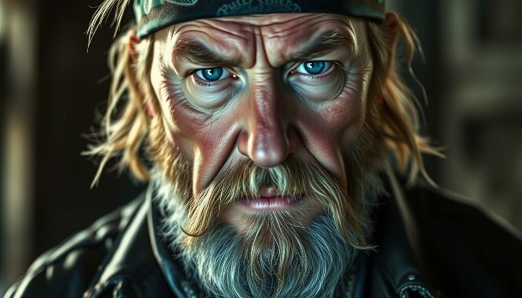 A close-up portrait of Duane "Dog the Bounty Hunter" Chapman, with a rugged, weathered face and intense gaze. Lighting casts dramatic shadows, highlighting his distinctive features and piercing blue eyes. He wears a leather jacket, bandana, and dog tags, exuding an aura of law enforcement and adventure. The background is blurred, suggesting a life filled with high-stakes pursuits and personal challenges. The overall mood is one of determination, resilience, and the weight of a life spent on the edge of the law.