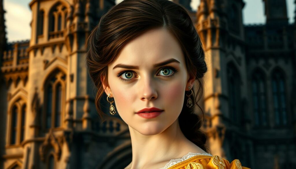 A close-up portrait of Emma Watson as Belle from "Beauty and the Beast", set against a detailed, richly textured backdrop of the film's iconic castle. Watson's face is illuminated by warm, soft lighting, highlighting her delicate features and expressive eyes. The composition places her in the center, with the grand, gothic architecture of the castle looming behind her in the background, creating a sense of scale and grandeur. The image conveys a sense of wonder, whimsy, and the magic of the fairy tale. The overall mood is one of enchantment and cinematic nostalgia.