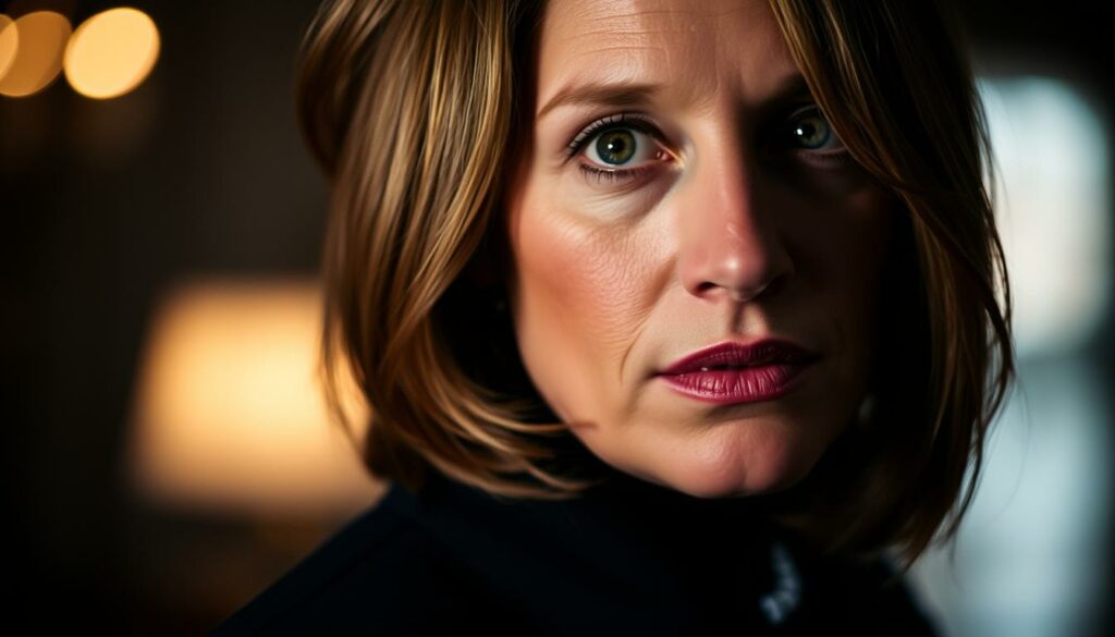 A close-up portrait of German actress Christina Arends, known for her role as Paulina Germer on the long-running soap opera GZSZ. Arends is shown in a somber, contemplative expression, with soft, flattering lighting illuminating her face from the side. The background is blurred, keeping the focus on her pensive gaze. The image has a cinematic, dramatic quality, capturing the essence of Paulina's sudden and unexpected demise in the series. The lighting, pose, and mood evoke the weight and gravity of the character's death, befitting the title "GZSZ Serientod: Warum Paulina sterben musste".