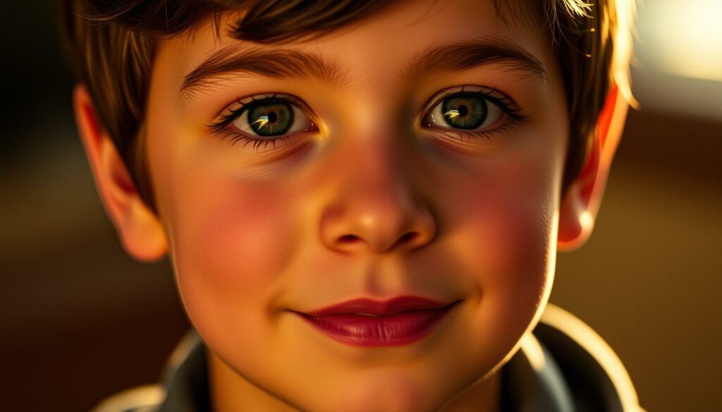 A close-up portrait of Jacob Tremblay as the character August Pullman from the film "Wonder". Tremblay's face is the central focus, with a soft, gentle expression conveying the warmth and innocence of the role. The lighting is warm and directional, illuminating Tremblay's features and casting subtle shadows that accentuate the contours of his face. The background is blurred, placing emphasis on Tremblay's expressive eyes and the delicate details of his skin and facial structure. The overall mood is one of empathy and vulnerability, capturing the essence of Tremblay's acclaimed performance as the young protagonist struggling with a facial difference.